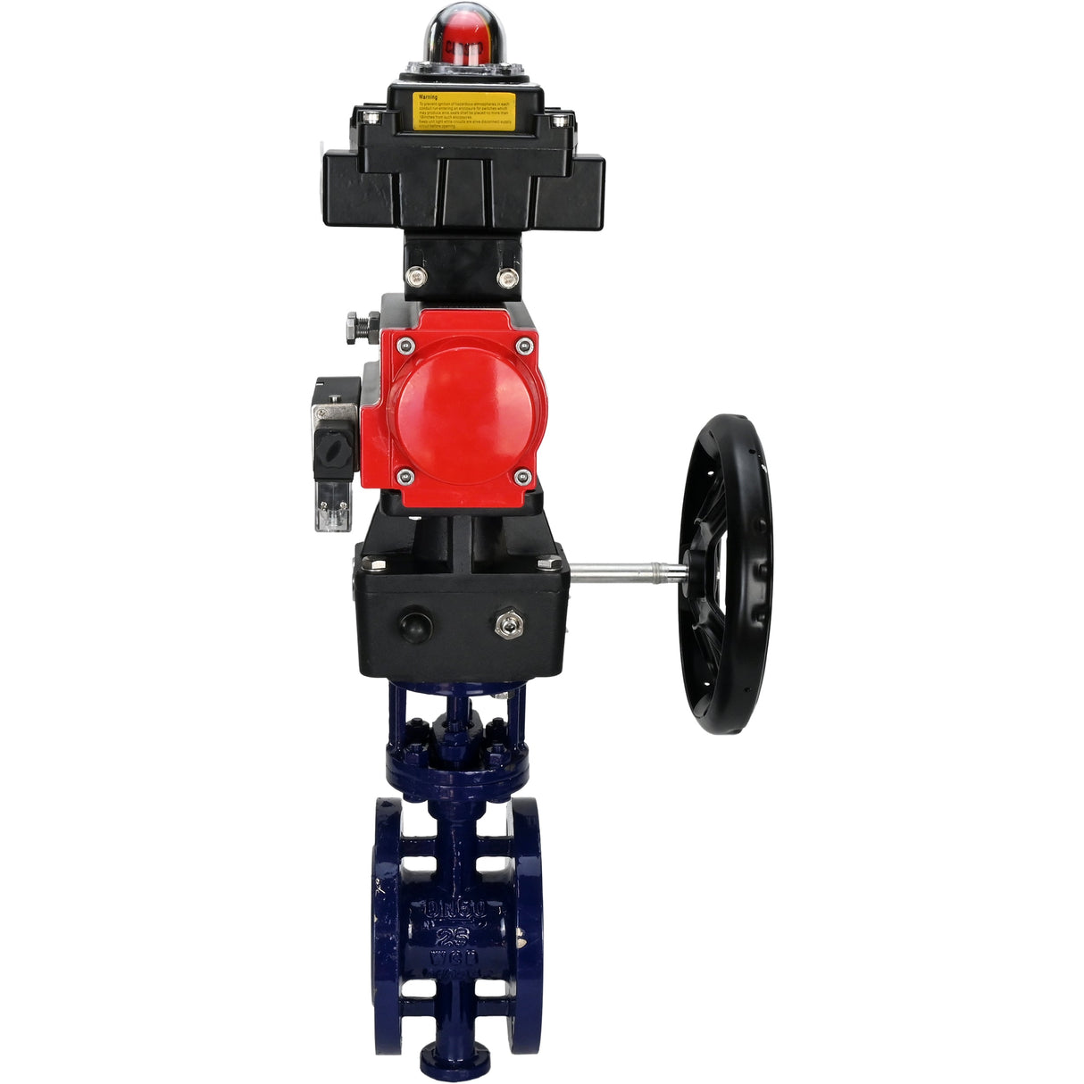 Wasser-Schmetterlingsventil Elephant WBV3EX-3432M-1W-F-ISO, Gehäusematerial - Kohlenstoffstahl, Scheibenmaterial - Edelstahl AISI 316, Dichtung - Metall, pneumatischer Antrieb PA-DA Doppelwirkung, 4M310-08 220V, LSU APL-410N EX, Handrad MON
