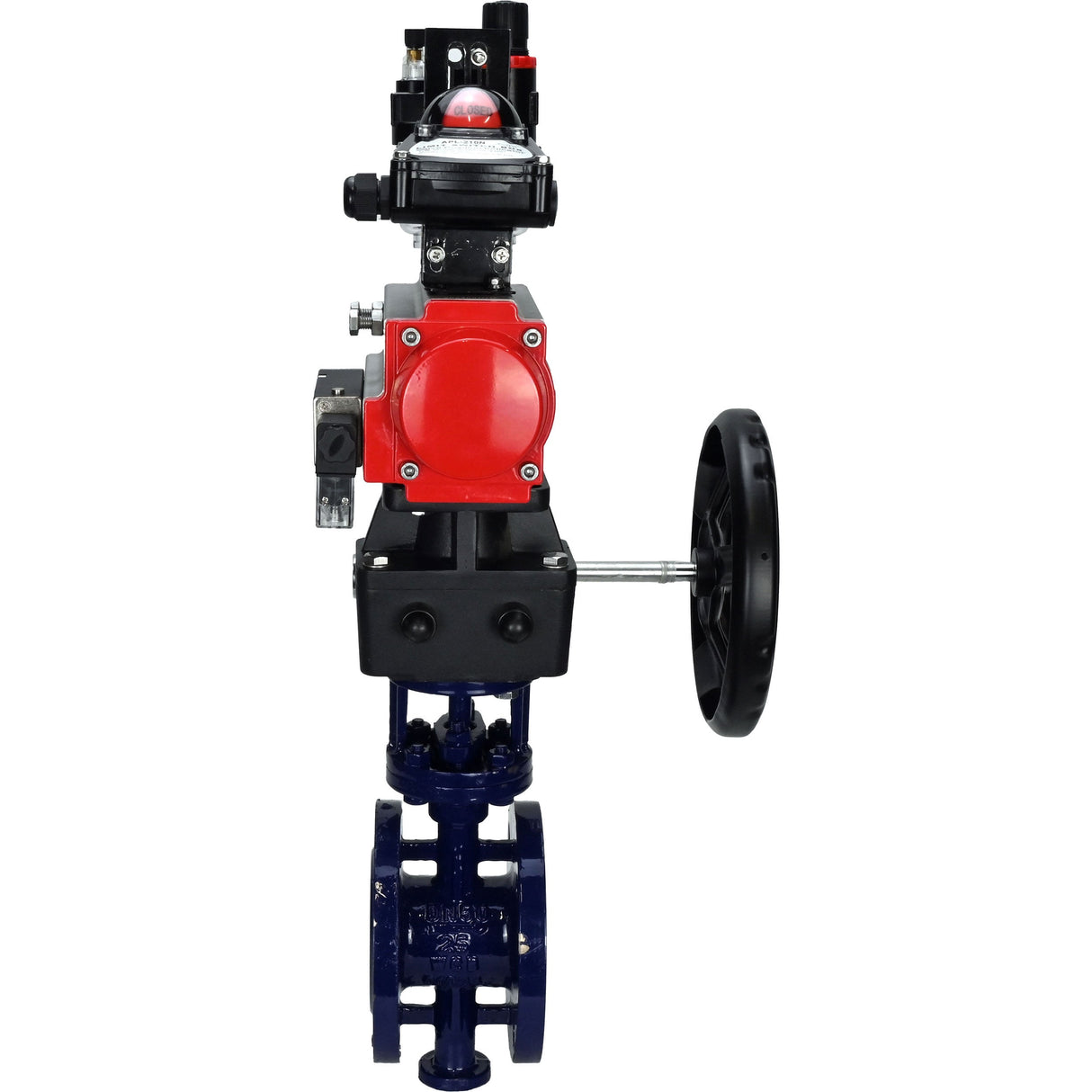 Wasser-Schmetterlingsventil Elephant WBV3EX-3432M-1W-F-ISO, Gehäusematerial - Kohlenstoffstahl, Scheibenmaterial - Edelstahl AISI 316, Dichtung - Metall, pneumatischer Antrieb PA-DA Doppelwirkung, 4M310-08 220V, LSU APL-210N, Handrad MON, ATU AFC2000