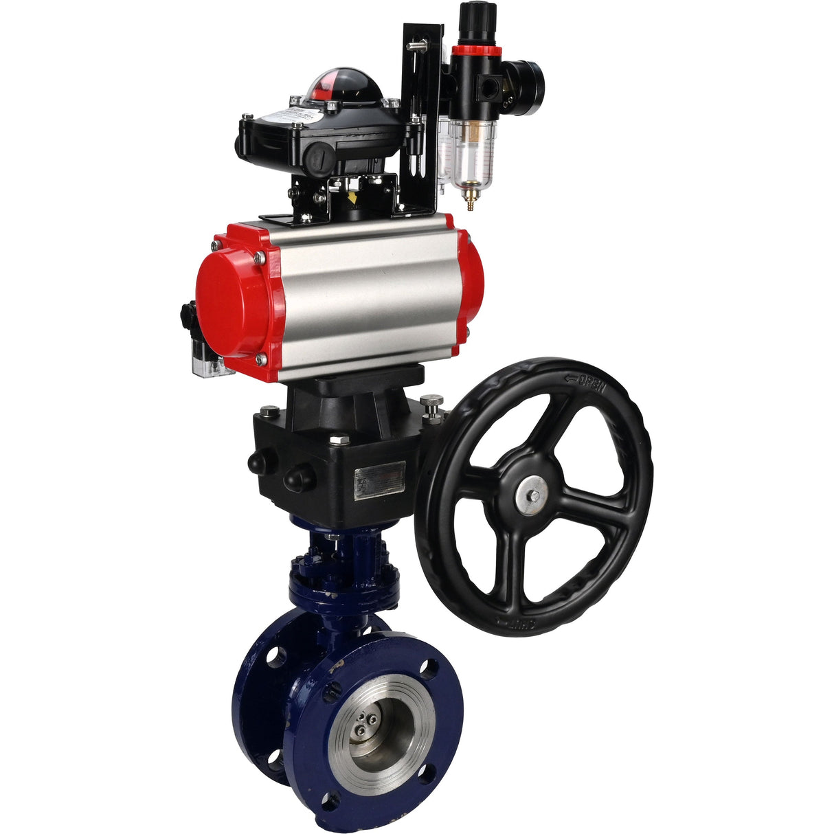 Wasser-Schmetterlingsventil Elephant WBV3EX-3432M-1W-F-ISO, Gehäusematerial - Kohlenstoffstahl, Scheibenmaterial - Edelstahl AISI 316, Dichtung - Metall, pneumatischer Antrieb PA-DA Doppelwirkung, 4M310-08 24V, LSU APL-210N, Handrad MON, ATU AFC2000