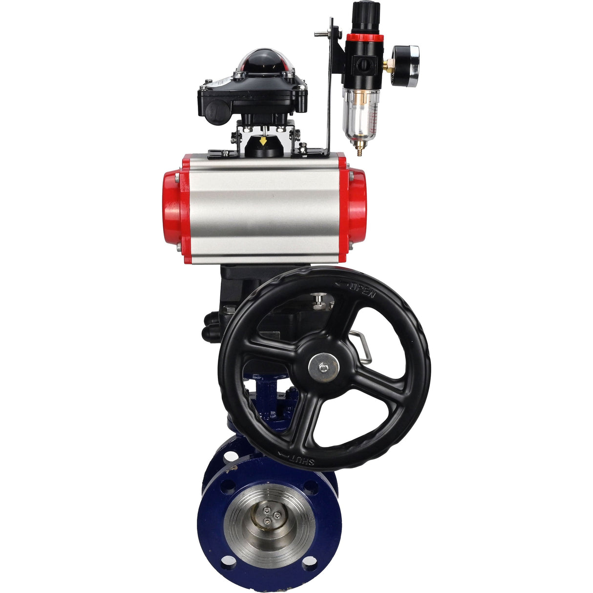 Wasser-Schmetterlingsventil Elephant WBV3EX-3432M-1W-F-ISO, Gehäusematerial - Kohlenstoffstahl, Scheibenmaterial - Edelstahl AISI 316, Dichtung - Metall, pneumatischer Antrieb PA-DA Doppelwirkung, 4M310-08 220V, LSU APL-210N, Handrad MON, ATU AFC2000
