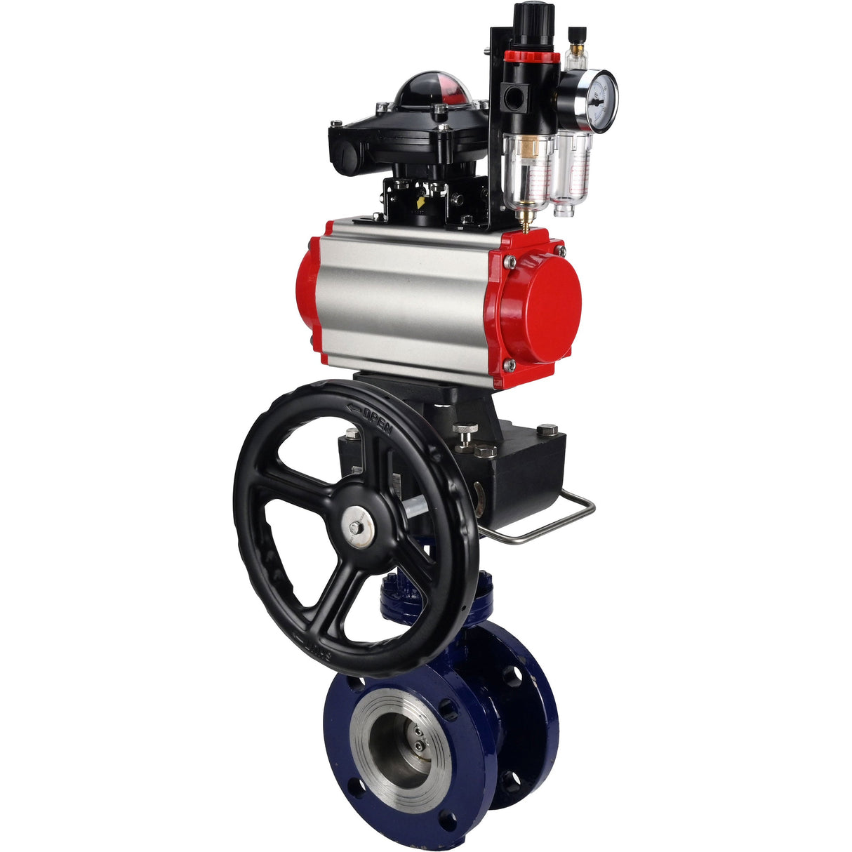 Wasser-Schmetterlingsventil Elephant WBV3EX-3432M-1W-F-ISO, Gehäusematerial - Kohlenstoffstahl, Scheibenmaterial - Edelstahl AISI 316, Dichtung - Metall, pneumatischer Antrieb PA-DA Doppelwirkung, 4M310-08 220V, LSU APL-210N, Handrad MON, ATU AFC2000