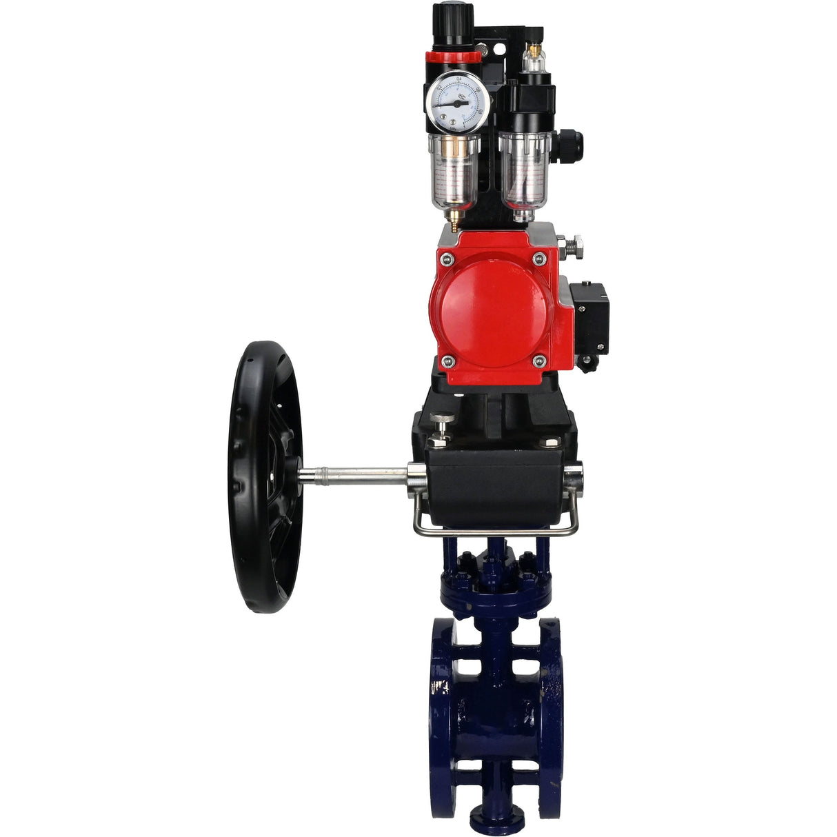 Wasser-Schmetterlingsventil Elephant WBV3EX-3432M-1W-F-ISO, Gehäusematerial - Kohlenstoffstahl, Scheibenmaterial - Edelstahl AISI 316, Dichtung - Metall, pneumatischer Antrieb PA-DA Doppelwirkung, 4M310-08 24V, LSU APL-210N, Handrad MON, ATU AFC2000