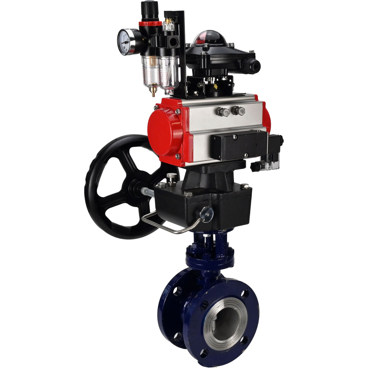Wasser-Schmetterlingsventil Elephant WBV3EX-3432M-1W-F-ISO, Gehäusematerial - Kohlenstoffstahl, Scheibenmaterial - Edelstahl AISI 316, Dichtung - Metall, pneumatischer Antrieb PA-DA Doppelwirkung, 4M310-08 24V, LSU APL-210N, Handrad MON, ATU AFC2000