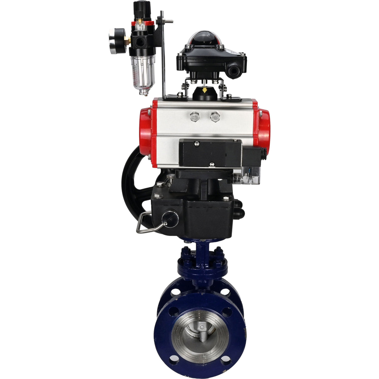 Wasser-Schmetterlingsventil Elephant WBV3EX-3432M-1W-F-ISO, Gehäusematerial - Kohlenstoffstahl, Scheibenmaterial - Edelstahl AISI 316, Dichtung - Metall, pneumatischer Antrieb PA-DA Doppelwirkung, 4M310-08 220V, LSU APL-210N, Handrad MON, ATU AFC2000