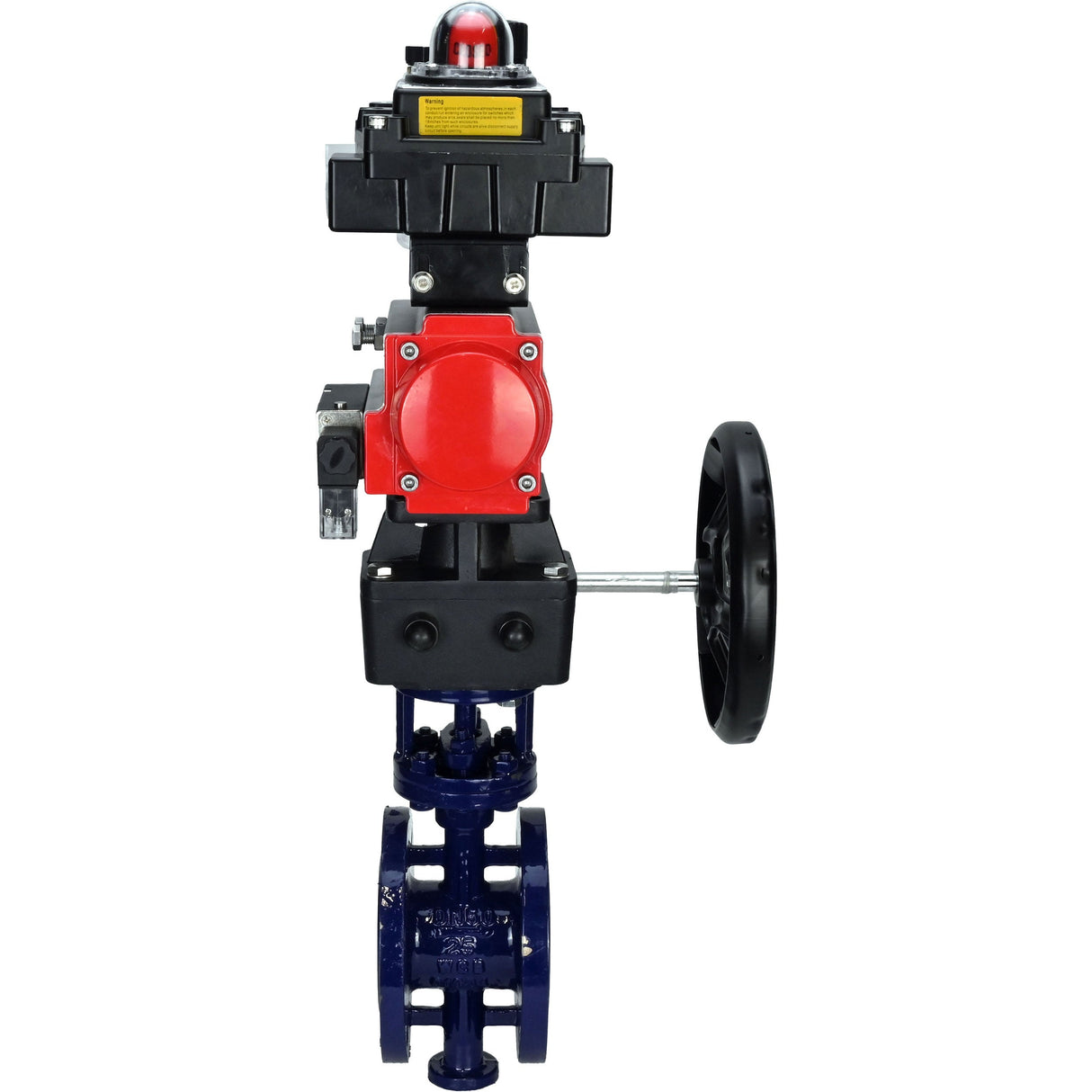 Wasser-Schmetterlingsventil Elephant WBV3EX-3432M-1W-F-ISO, Gehäusematerial - Kohlenstoffstahl, Scheibenmaterial - Edelstahl AISI 316, Dichtung - Metall, pneumatischer Antrieb PA-DA Doppelwirkung, 4M310-08 220V, LSU APL-410N EX, Handrad MON, ATU AFC2000