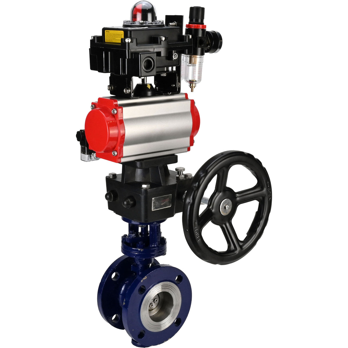 Wasser-Schmetterlingsventil Elephant WBV3EX-3432M-1W-F-ISO, Gehäusematerial - Kohlenstoffstahl, Scheibenmaterial - Edelstahl AISI 316, Dichtung - Metall, pneumatischer Antrieb PA-DA Doppelwirkung, 4M310-08 220V, LSU APL-410N EX, Handrad MON, ATU AFC2000