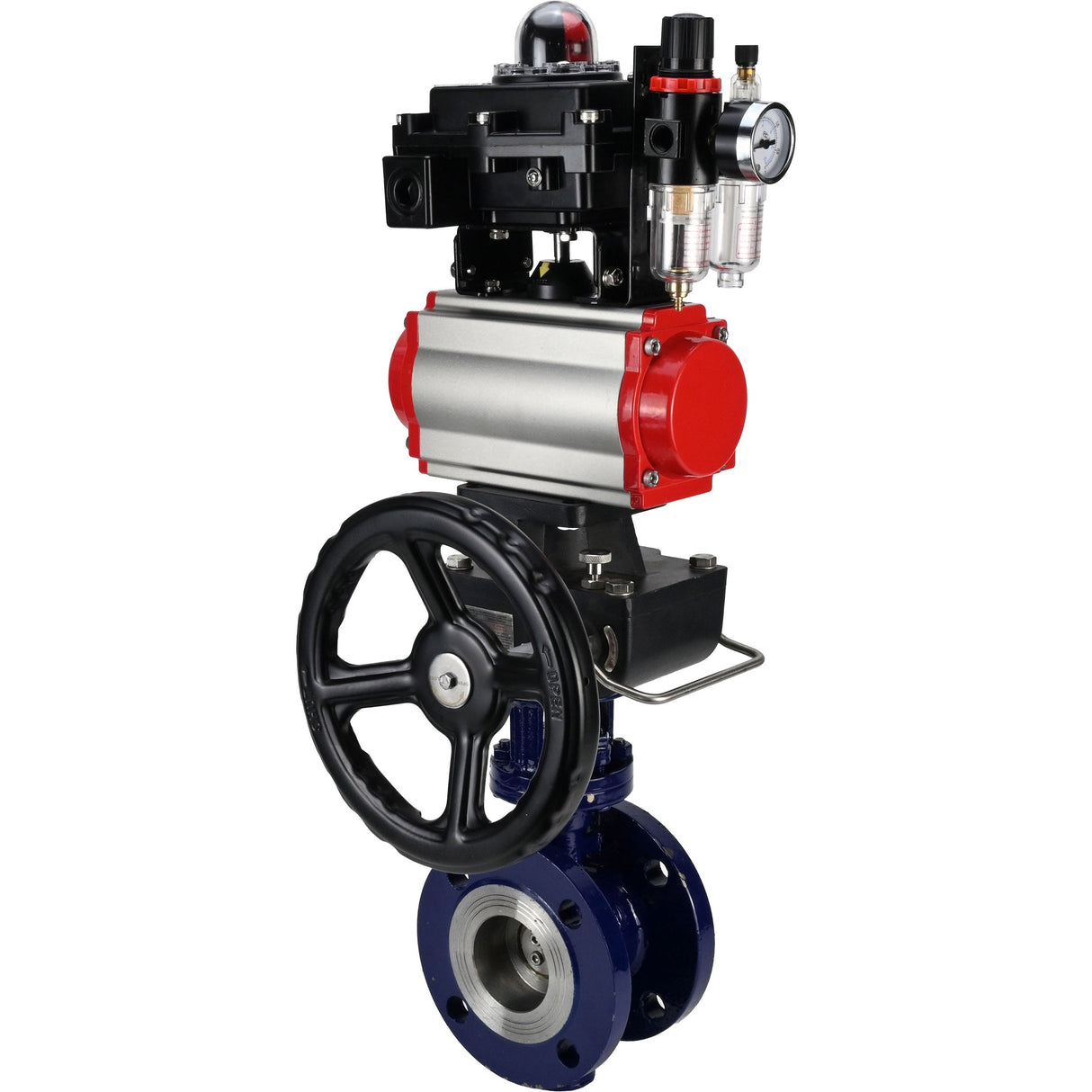 Wasser-Schmetterlingsventil Elephant WBV3EX-3432M-1W-F-ISO, Gehäusematerial - Kohlenstoffstahl, Scheibenmaterial - Edelstahl AISI 316, Dichtung - Metall, pneumatischer Antrieb PA-DA Doppelwirkung, 4M310-08 220V, LSU APL-410N EX, Handrad MON, ATU AFC2000
