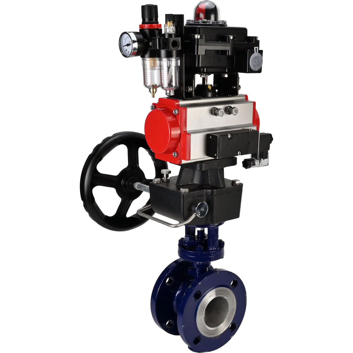Wasser-Schmetterlingsventil Elephant WBV3EX-3432M-1W-F-ISO, Gehäusematerial - Kohlenstoffstahl, Scheibenmaterial - Edelstahl AISI 316, Dichtung - Metall, pneumatischer Antrieb PA-DA Doppelwirkung, 4M310-08 24V, LSU APL-410N EX, Handrad MON, ATU AFC2000