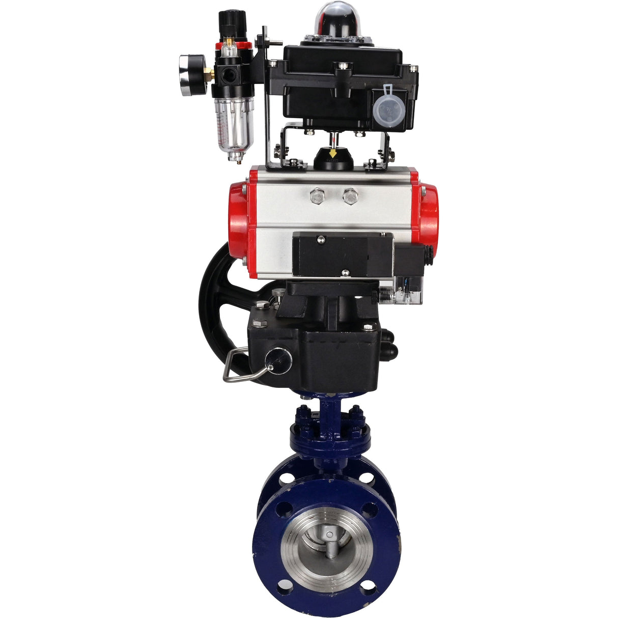 Wasser-Schmetterlingsventil Elephant WBV3EX-3432M-1W-F-ISO, Gehäusematerial - Kohlenstoffstahl, Scheibenmaterial - Edelstahl AISI 316, Dichtung - Metall, pneumatischer Antrieb PA-DA Doppelwirkung, 4M310-08 24V, LSU APL-410N EX, Handrad MON, ATU AFC2000