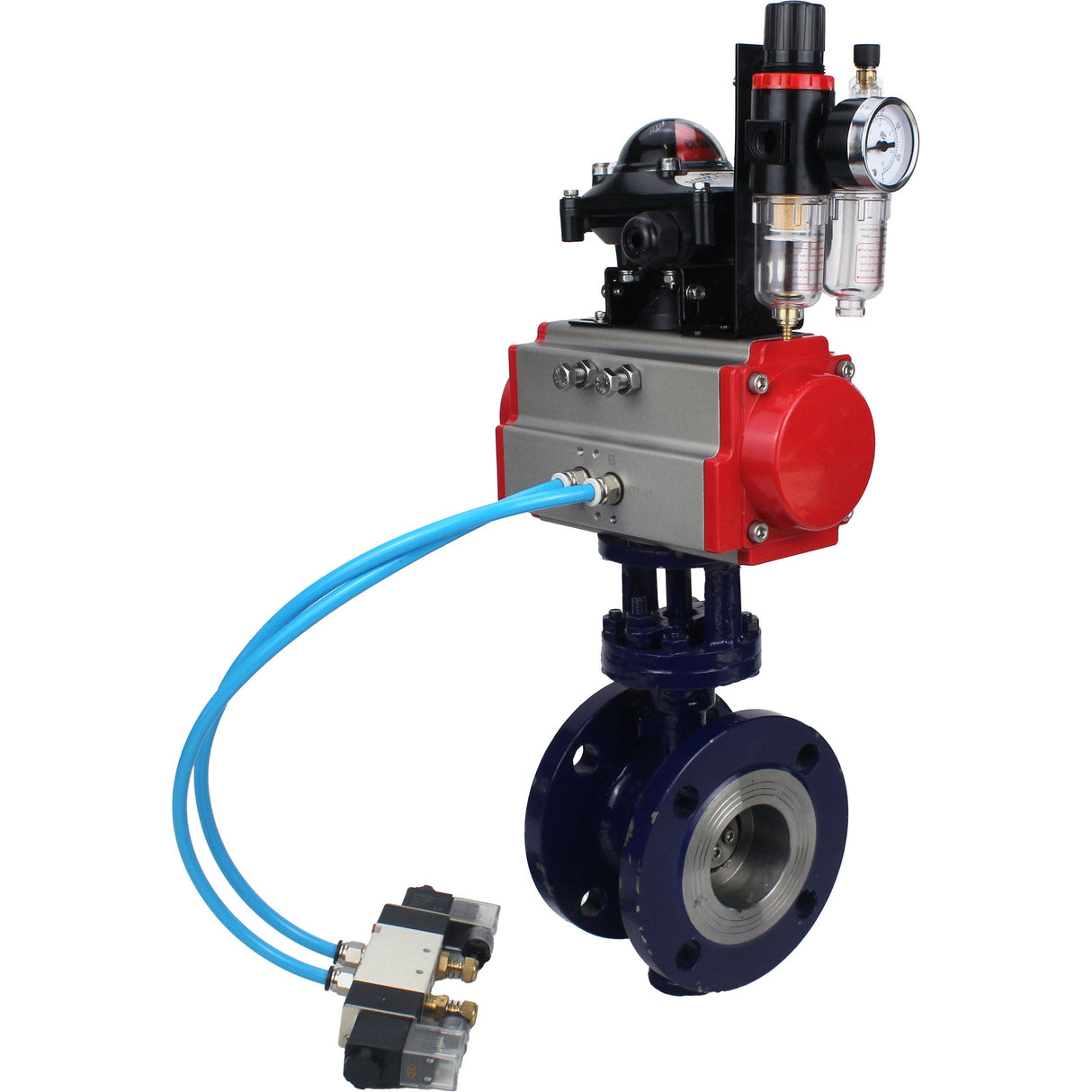 Wasser-Schmetterlingsventil Elephant WBV3EX-3432M-1W-F-ISO, Gehäusematerial - Kohlenstoffstahl, Scheibenmaterial - Edelstahl AISI 316, Dichtung - Metall, pneumatischer Antrieb PA-SA mit Rückstellfedern, 4V320-10 220V, LSU APL-210N ATU AFC2000