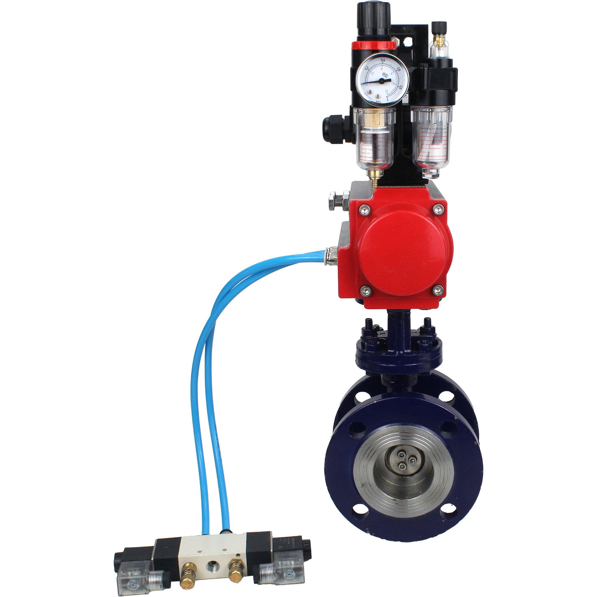 Wasser-Schmetterlingsventil Elephant WBV3EX-3432M-1W-F-ISO, Gehäusematerial - Kohlenstoffstahl, Scheibenmaterial - Edelstahl AISI 316, Dichtung - Metall, pneumatischer Antrieb PA-SA mit Rückstellfedern, 4V320-08 220V, LSU APL-210N ATU AFC2000