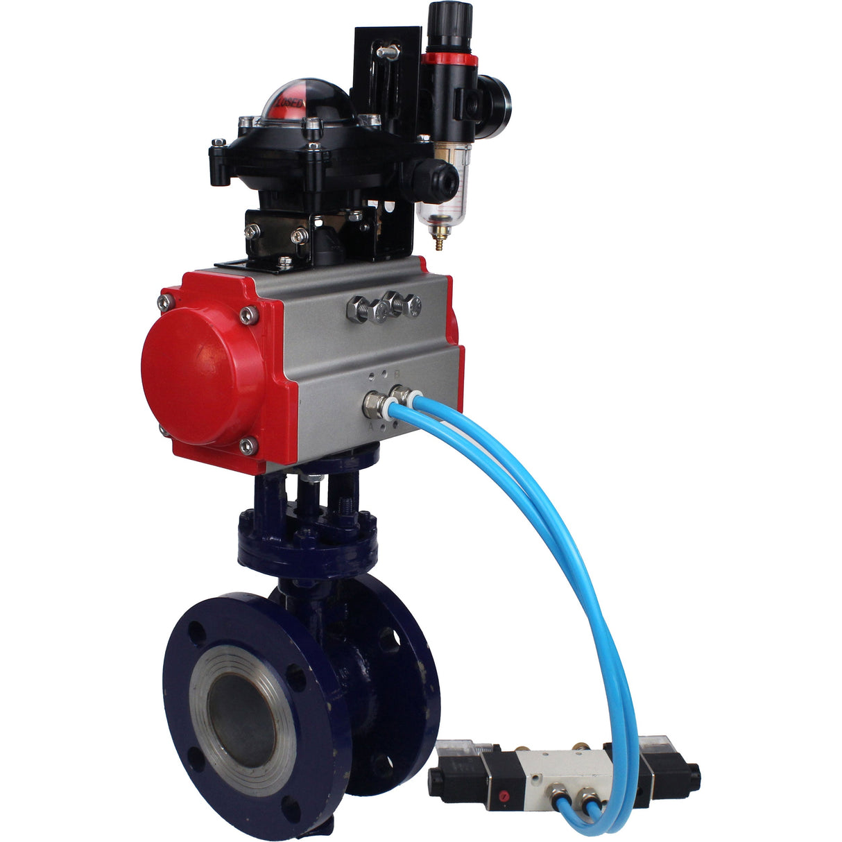 Wasser-Schmetterlingsventil Elephant WBV3EX-3432M-1W-F-ISO, Gehäusematerial - Kohlenstoffstahl, Scheibenmaterial - Edelstahl AISI 316, Dichtung - Metall, pneumatischer Antrieb PA-DA Doppelwirkung, 4V320-08 220V, LSU APL-210N ATU AFC2000