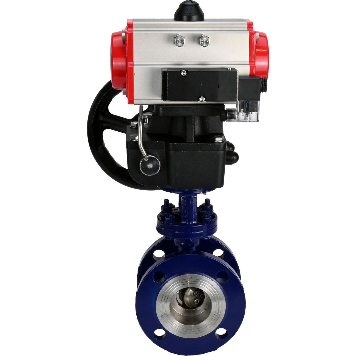 Wasser-Schmetterlingsventil Elephant WBV3EX-3432M-1W-F-ISO, Gehäusematerial - Kohlenstoffstahl, Scheibenmaterial - Edelstahl AISI 316, Dichtung - Metall, pneumatischer Antrieb PA-DA Doppelwirkung, 4M310-08 220V Handrad MON