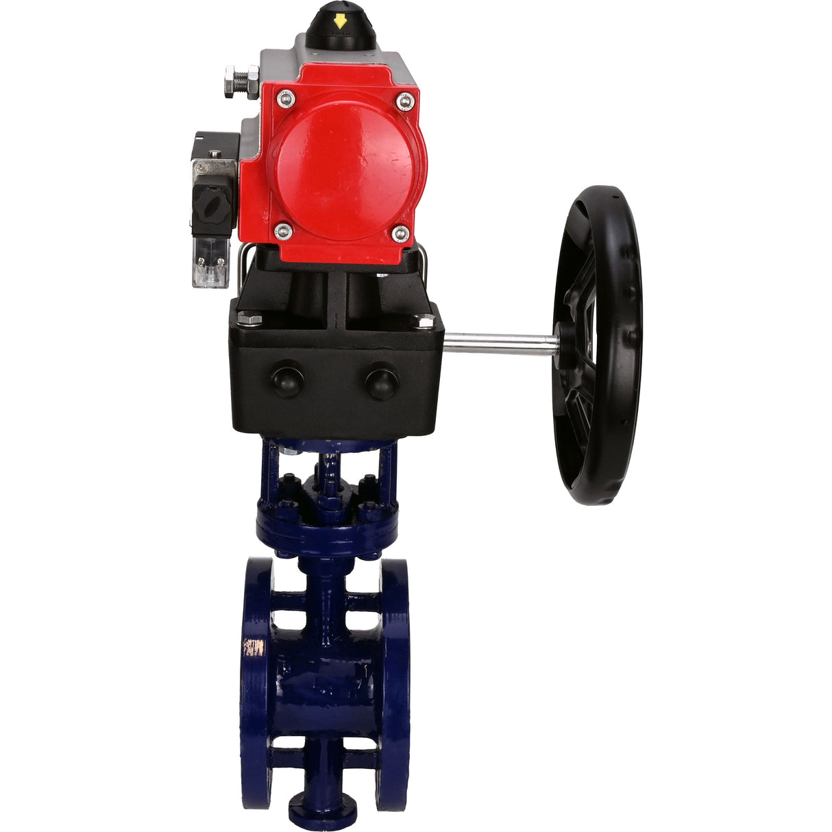 Wasser-Schmetterlingsventil Elephant WBV3EX-3432M-1W-F-ISO, Gehäusematerial - Kohlenstoffstahl, Scheibenmaterial - Edelstahl AISI 316, Dichtung - Metall, pneumatischer Antrieb PA-DA Doppelwirkung, 4M310-08 220V Handrad MON