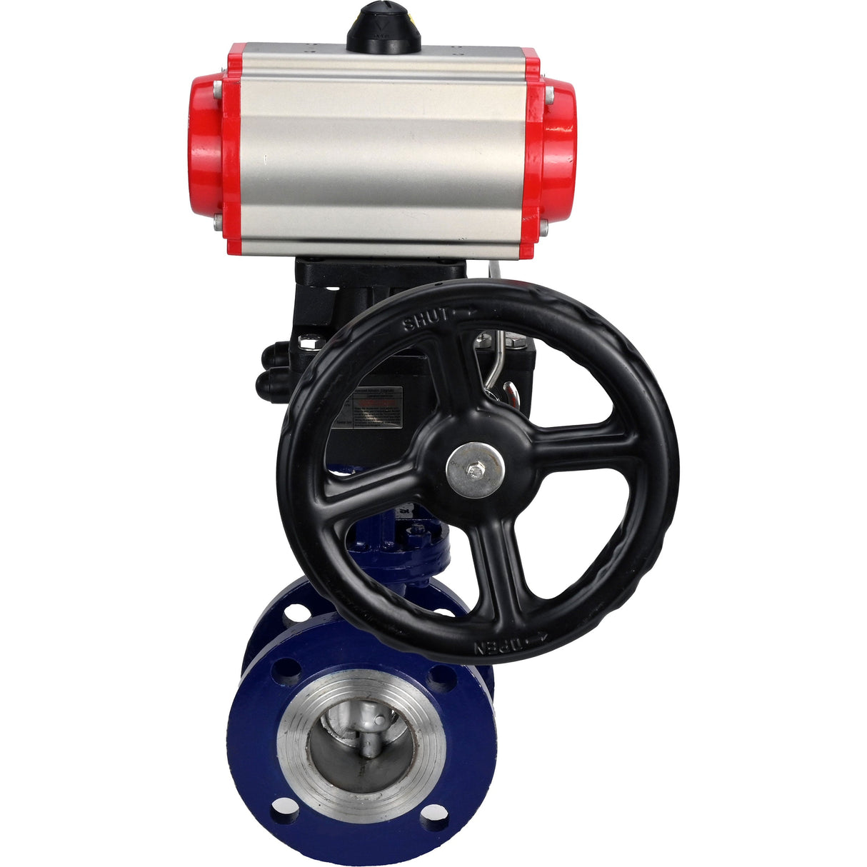 Wasser-Schmetterlingsventil Elephant WBV3EX-3432M-1W-F-ISO, Gehäusematerial - Kohlenstoffstahl, Scheibenmaterial - Edelstahl AISI 316, Dichtung - Metall, pneumatischer Antrieb PA-DA Doppelwirkung, 4M310-08 24V Handrad MON