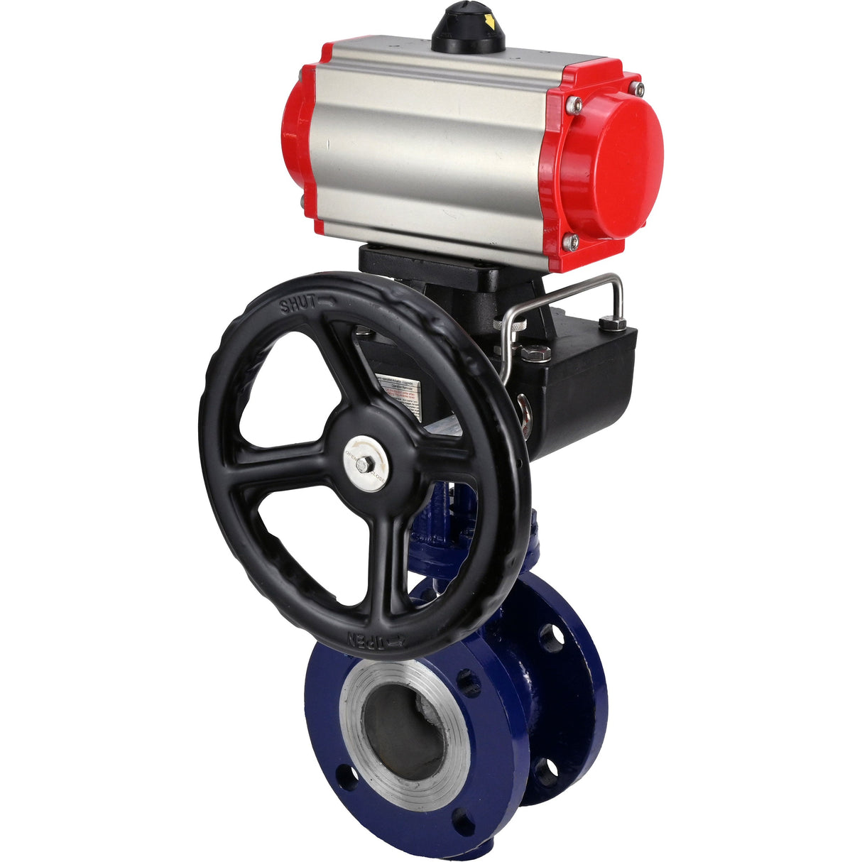 Wasser-Schmetterlingsventil Elephant WBV3EX-3432M-1W-F-ISO, Gehäusematerial - Kohlenstoffstahl, Scheibenmaterial - Edelstahl AISI 316, Dichtung - Metall, pneumatischer Antrieb PA-DA Doppelwirkung, 4M310-08 24V Handrad MON