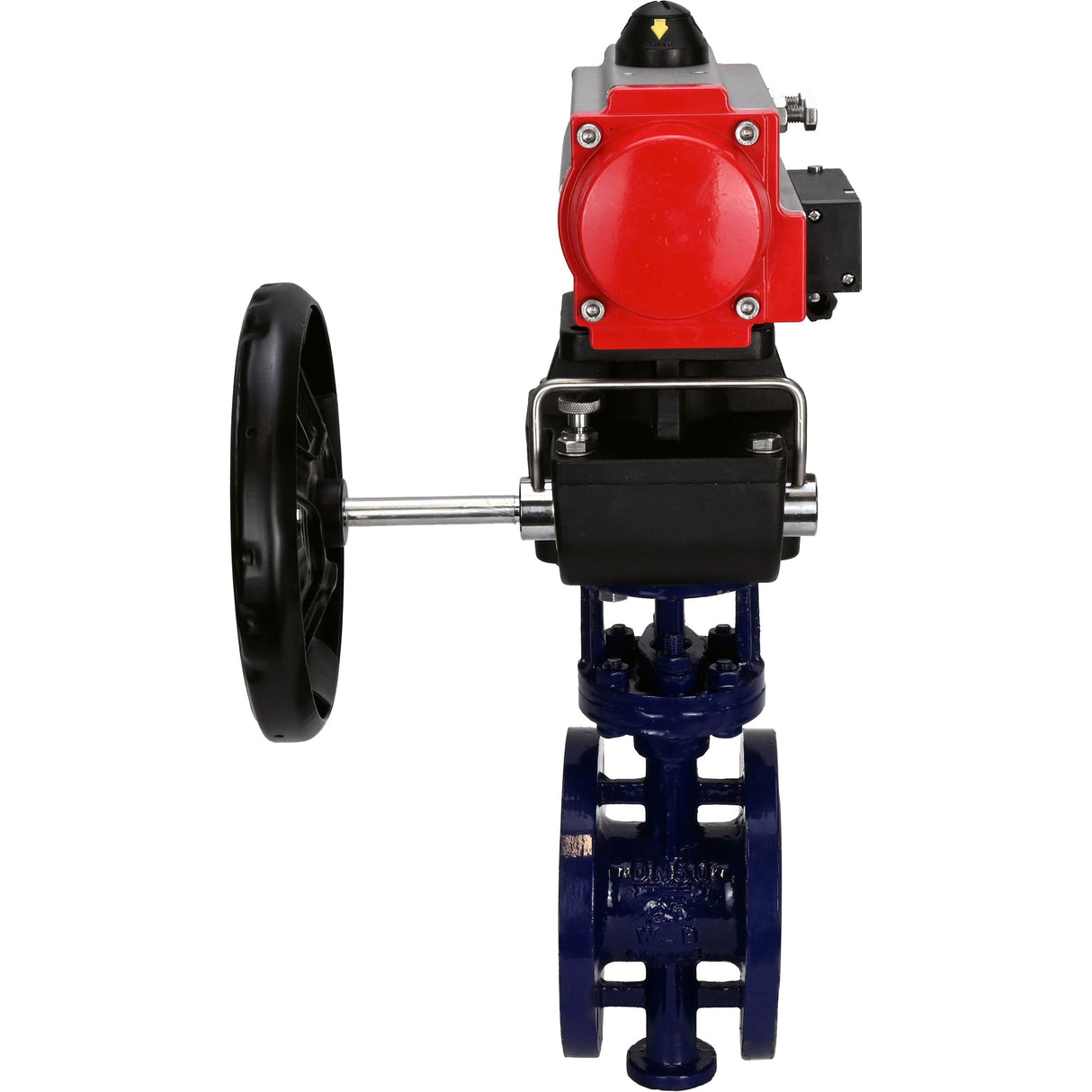 Wasser-Schmetterlingsventil Elephant WBV3EX-3432M-1W-F-ISO, Gehäusematerial - Kohlenstoffstahl, Scheibenmaterial - Edelstahl AISI 316, Dichtung - Metall, pneumatischer Antrieb PA-DA Doppelwirkung, 4M310-08 24V Handrad MON