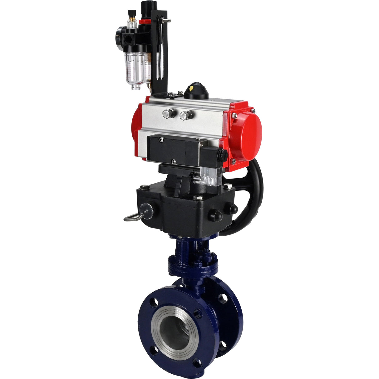 Wasser-Schmetterlingsventil Elephant WBV3EX-3432M-1W-F-ISO, Gehäusematerial - Kohlenstoffstahl, Scheibenmaterial - Edelstahl AISI 316, Dichtung - Metall, pneumatischer Antrieb PA-DA Doppelwirkung, 4M310-08 220V Handrad MON, ATU AFC2000