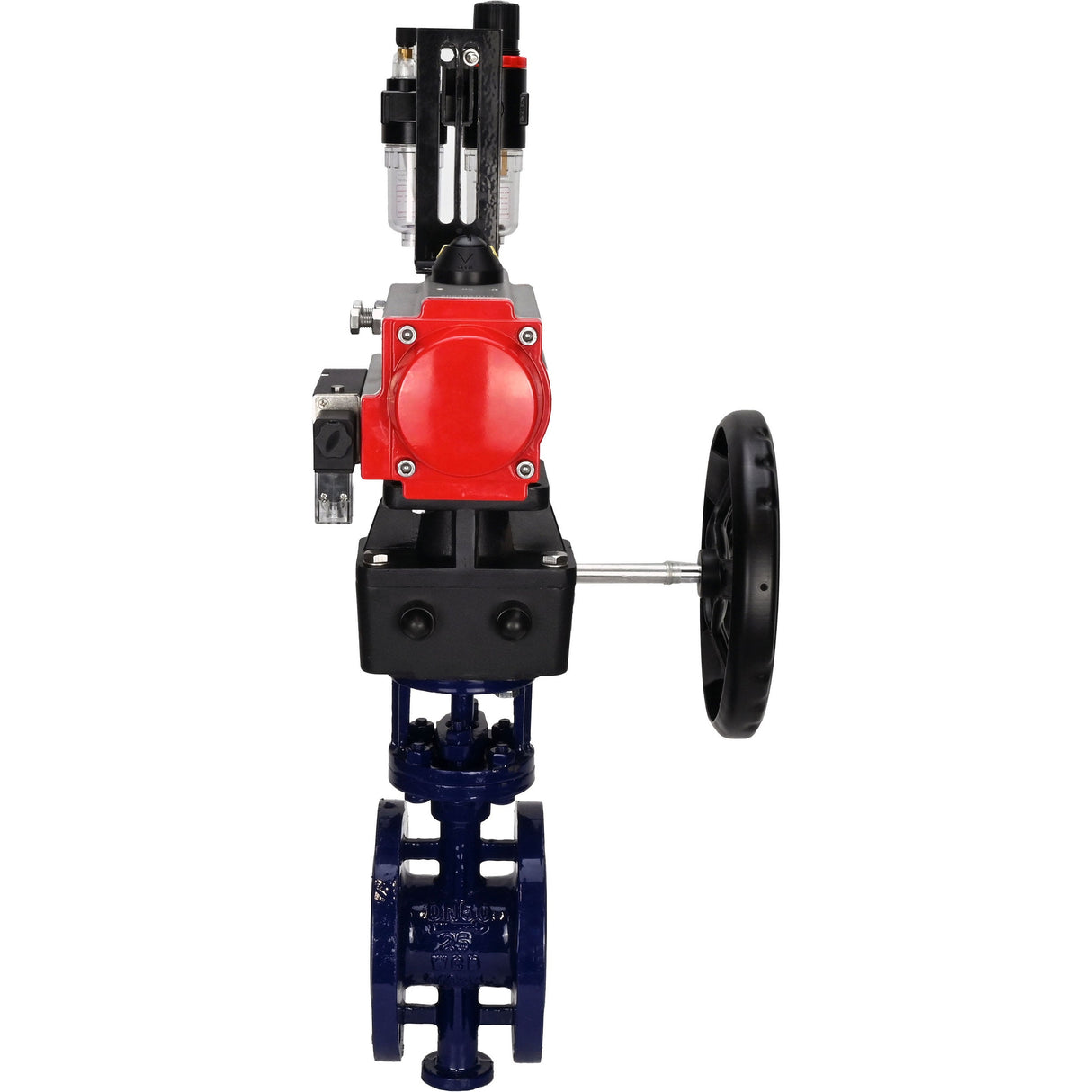Wasser-Schmetterlingsventil Elephant WBV3EX-3432M-1W-F-ISO, Gehäusematerial - Kohlenstoffstahl, Scheibenmaterial - Edelstahl AISI 316, Dichtung - Metall, pneumatischer Antrieb PA-DA Doppelwirkung, 4M310-08 24V Handrad MON, ATU AFC2000