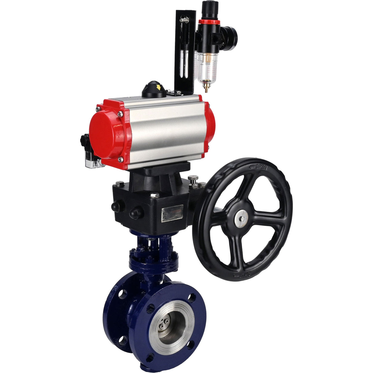 Wasser-Schmetterlingsventil Elephant WBV3EX-3432M-1W-F-ISO, Gehäusematerial - Kohlenstoffstahl, Scheibenmaterial - Edelstahl AISI 316, Dichtung - Metall, pneumatischer Antrieb PA-DA Doppelwirkung, 4M310-08 24V Handrad MON, ATU AFC2000