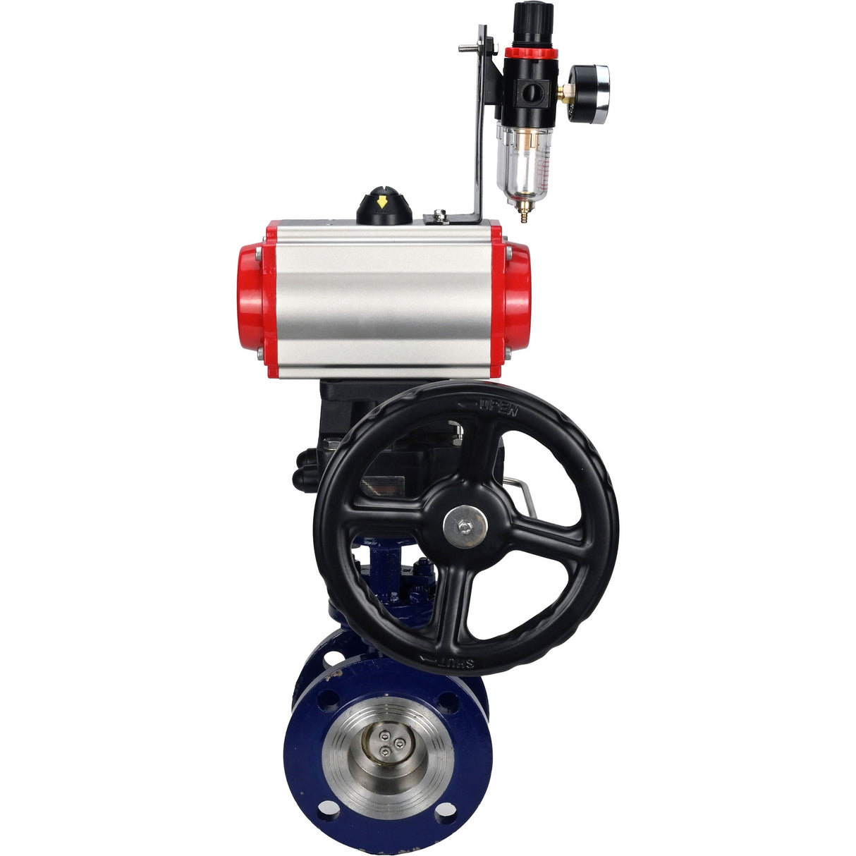 Wasser-Schmetterlingsventil Elephant WBV3EX-3432M-1W-F-ISO, Gehäusematerial - Kohlenstoffstahl, Scheibenmaterial - Edelstahl AISI 316, Dichtung - Metall, pneumatischer Antrieb PA-DA Doppelwirkung, 4M310-08 220V Handrad MON, ATU AFC2000
