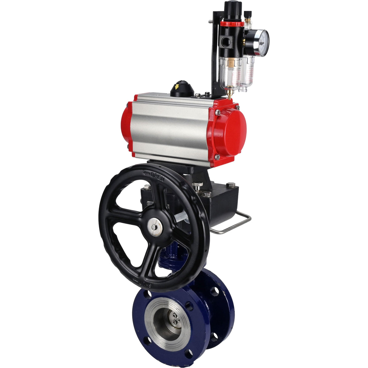 Wasser-Schmetterlingsventil Elephant WBV3EX-3432M-1W-F-ISO, Gehäusematerial - Kohlenstoffstahl, Scheibenmaterial - Edelstahl AISI 316, Dichtung - Metall, pneumatischer Antrieb PA-DA Doppelwirkung, 4M310-08 24V Handrad MON, ATU AFC2000