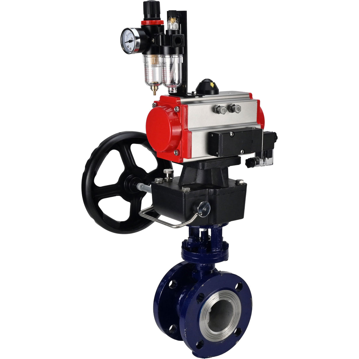 Wasser-Schmetterlingsventil Elephant WBV3EX-3432M-1W-F-ISO, Gehäusematerial - Kohlenstoffstahl, Scheibenmaterial - Edelstahl AISI 316, Dichtung - Metall, pneumatischer Antrieb PA-DA Doppelwirkung, 4M310-08 220V Handrad MON, ATU AFC2000