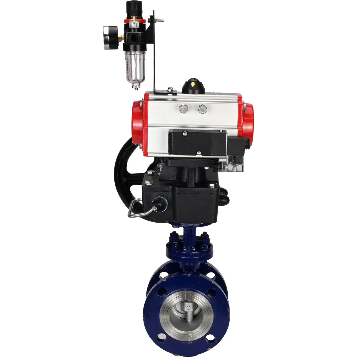 Wasser-Schmetterlingsventil Elephant WBV3EX-3432M-1W-F-ISO, Gehäusematerial - Kohlenstoffstahl, Scheibenmaterial - Edelstahl AISI 316, Dichtung - Metall, pneumatischer Antrieb PA-DA Doppelwirkung, 4M310-08 24V Handrad MON, ATU AFC2000