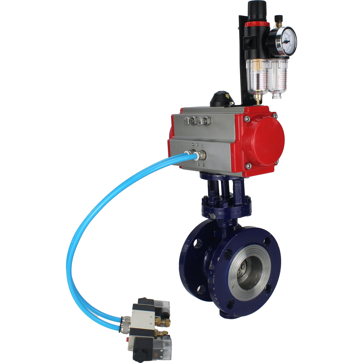 Wasser-Schmetterlingsventil Elephant WBV3EX-3432M-1W-F-ISO, Gehäusematerial - Kohlenstoffstahl, Scheibenmaterial - Edelstahl AISI 316, Dichtung - Metall, pneumatischer Antrieb PA-DA Doppelwirkung, 4V320-10 220V ATU AFC2000