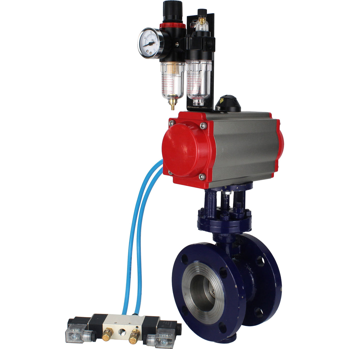 Wasser-Schmetterlingsventil Elephant WBV3EX-3432M-1W-F-ISO, Gehäusematerial - Kohlenstoffstahl, Scheibenmaterial - Edelstahl AISI 316, Dichtung - Metall, pneumatischer Antrieb PA-DA Doppelwirkung, 4V320-08 220V ATU AFC2000