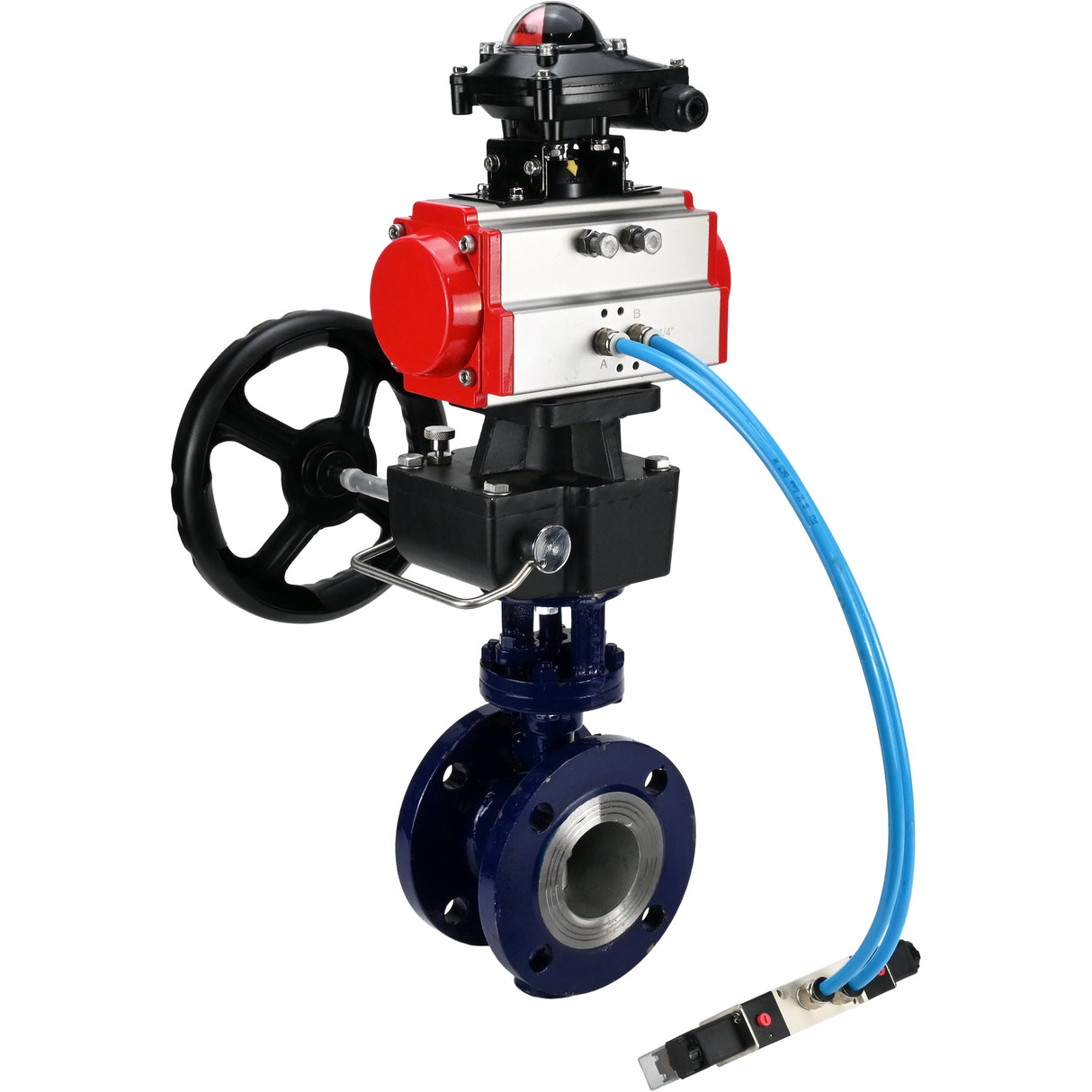 Wasser-Schmetterlingsventil Elephant WBV3EX-3432M-1W-F-ISO, Gehäusematerial - Kohlenstoffstahl, Scheibenmaterial - Edelstahl AISI 316, Dichtung - Metall, pneumatischer Antrieb PA-DA Doppelwirkung, 4V320-08 220V, LSU APL-210N, Handrad MON