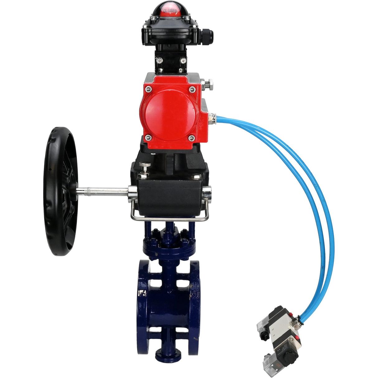 Wasser-Schmetterlingsventil Elephant WBV3EX-3432M-1W-F-ISO, Gehäusematerial - Kohlenstoffstahl, Scheibenmaterial - Edelstahl AISI 316, Dichtung - Metall, pneumatischer Antrieb PA-DA Doppelwirkung, 4V320-08 220V, LSU APL-210N, Handrad MON