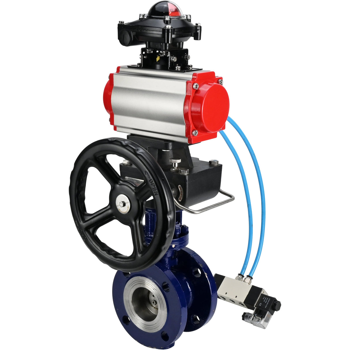 Wasser-Schmetterlingsventil Elephant WBV3EX-3432M-1W-F-ISO, Gehäusematerial - Kohlenstoffstahl, Scheibenmaterial - Edelstahl AISI 316, Dichtung - Metall, pneumatischer Antrieb PA-DA Doppelwirkung, 4V320-08 220V, LSU APL-210N, Handrad MON