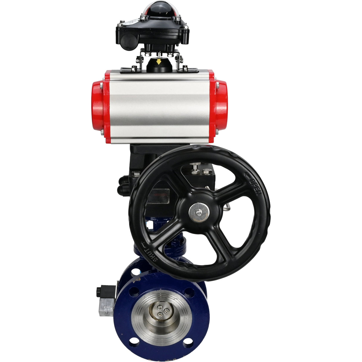 Wasser-Schmetterlingsventil Elephant WBV3EX-3432M-1W-F-ISO, Gehäusematerial - Kohlenstoffstahl, Scheibenmaterial - Edelstahl AISI 316, Dichtung - Metall, pneumatischer Antrieb PA-DA Doppelwirkung, 4V320-08 220V, LSU APL-210N, Handrad MON