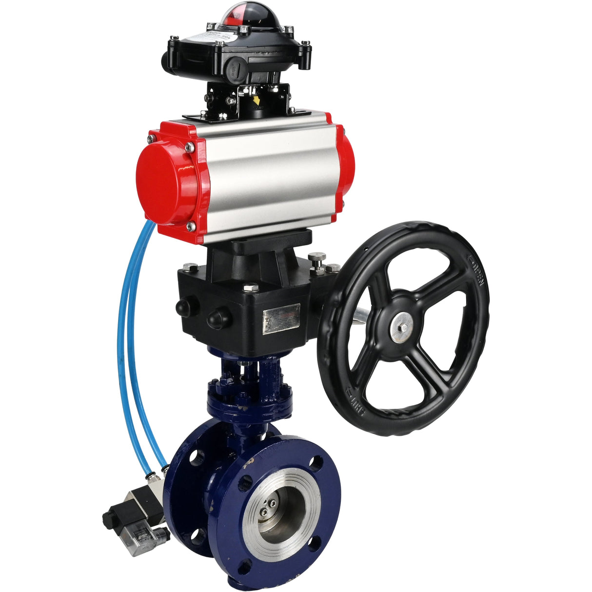 Wasser-Schmetterlingsventil Elephant WBV3EX-3432M-1W-F-ISO, Gehäusematerial - Kohlenstoffstahl, Scheibenmaterial - Edelstahl AISI 316, Dichtung - Metall, pneumatischer Antrieb PA-DA Doppelwirkung, 4V320-08 220V, LSU APL-210N, Handrad MON
