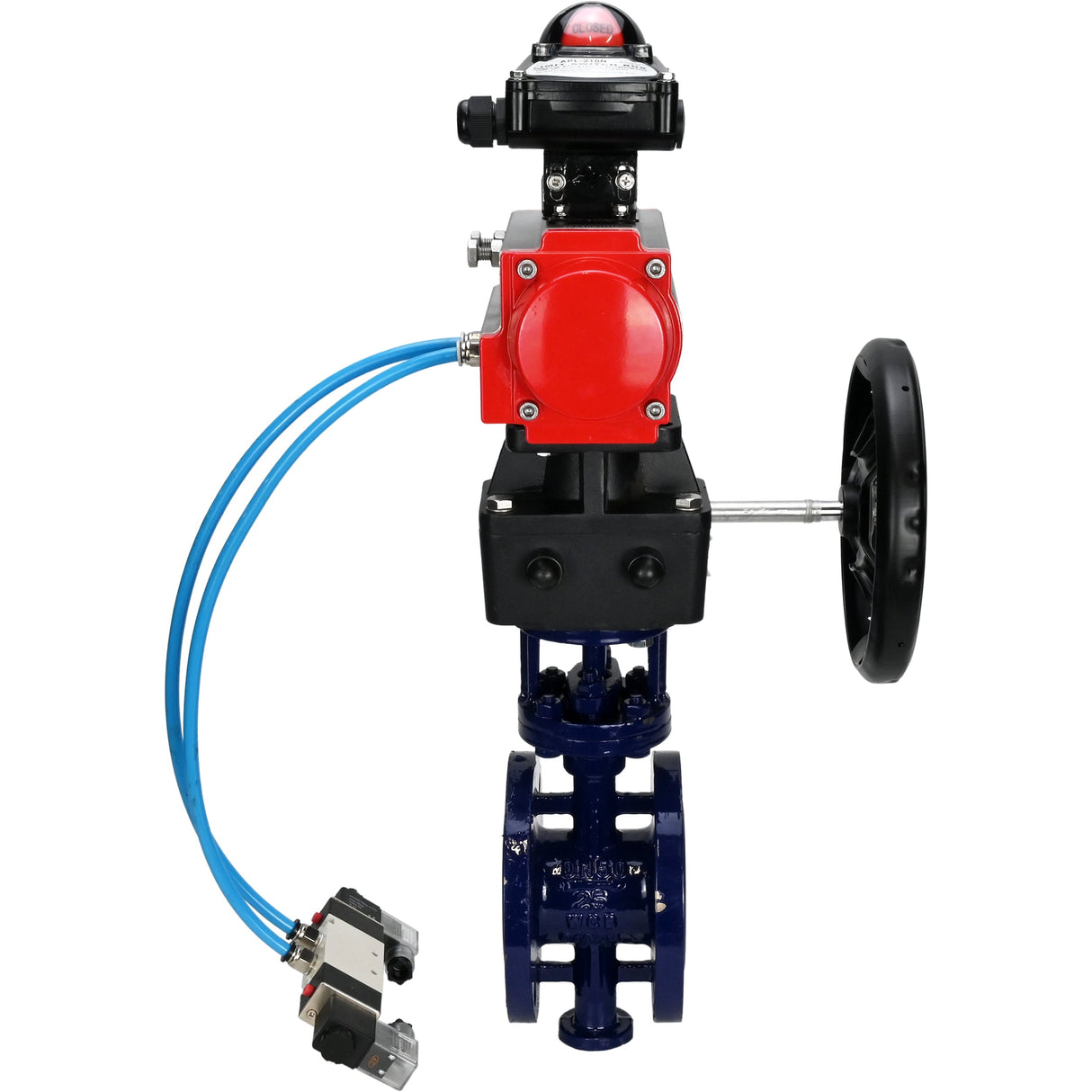 Wasser-Schmetterlingsventil Elephant WBV3EX-3432M-1W-F-ISO, Gehäusematerial - Kohlenstoffstahl, Scheibenmaterial - Edelstahl AISI 316, Dichtung - Metall, pneumatischer Antrieb PA-DA Doppelwirkung, 4V320-08 220V, LSU APL-210N, Handrad MON