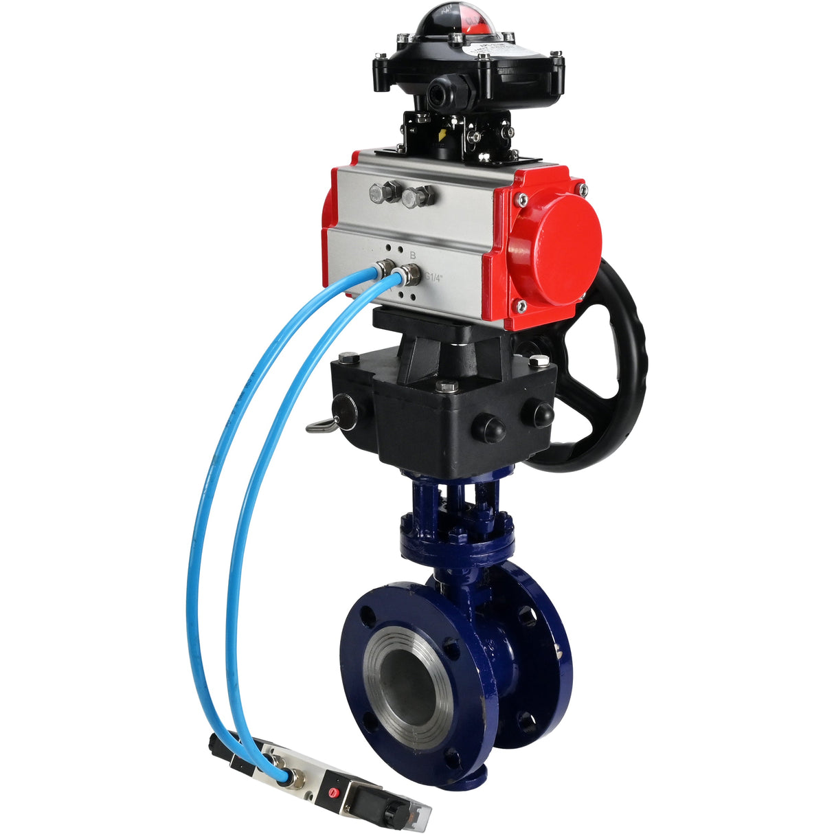 Wasser-Schmetterlingsventil Elephant WBV3EX-3432M-1W-F-ISO, Gehäusematerial - Kohlenstoffstahl, Scheibenmaterial - Edelstahl AISI 316, Dichtung - Metall, pneumatischer Antrieb PA-DA Doppelwirkung, 4V320-08 220V, LSU APL-210N, Handrad MON