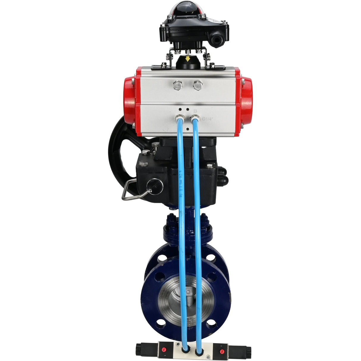 Wasser-Schmetterlingsventil Elephant WBV3EX-3432M-1W-F-ISO, Gehäusematerial - Kohlenstoffstahl, Scheibenmaterial - Edelstahl AISI 316, Dichtung - Metall, pneumatischer Antrieb PA-DA Doppelwirkung, 4V320-08 220V, LSU APL-210N, Handrad MON