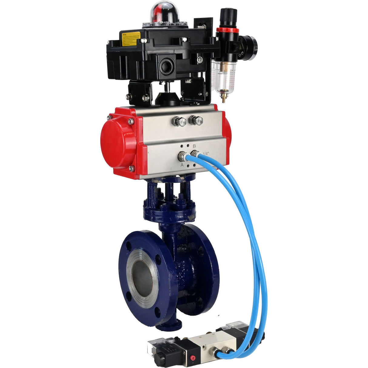 Wasser-Schmetterlingsventil Elephant WBV3EX-3432M-1W-F-ISO, Gehäusematerial - Kohlenstoffstahl, Scheibenmaterial - Edelstahl AISI 316, Dichtung - Metall, pneumatischer Antrieb PA-SA mit Rückstellfedern, 4V320-10 220V, LSU APL-410N EX ATU AFC2000