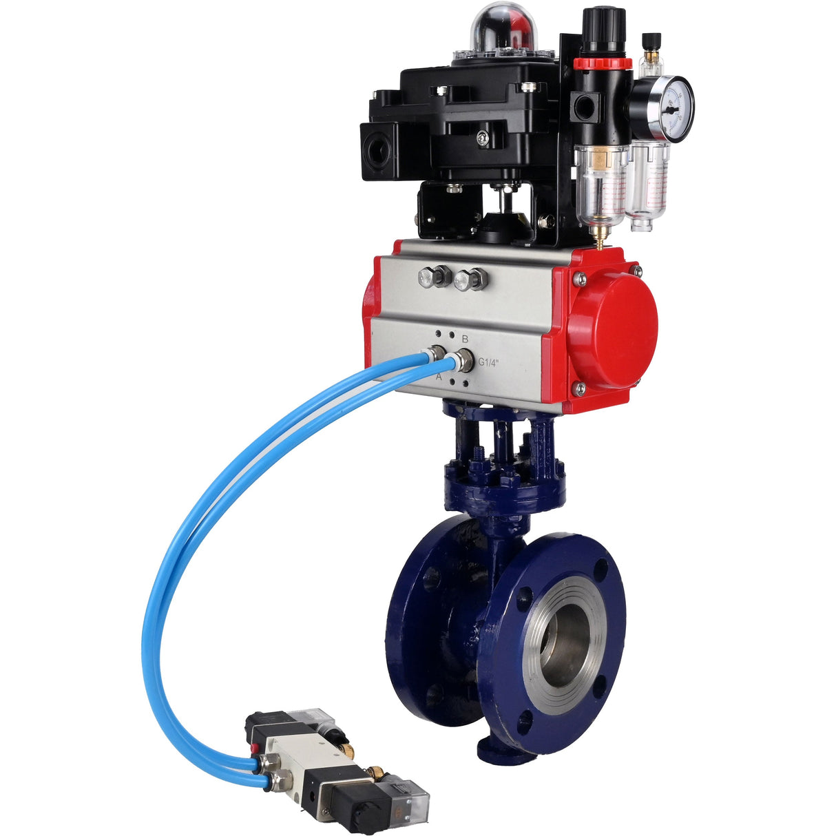 Wasser-Schmetterlingsventil Elephant WBV3EX-3432M-1W-F-ISO, Gehäusematerial - Kohlenstoffstahl, Scheibenmaterial - Edelstahl AISI 316, Dichtung - Metall, pneumatischer Antrieb PA-DA Doppelwirkung, 4V320-08 220V, LSU APL-410N EX ATU AFC2000