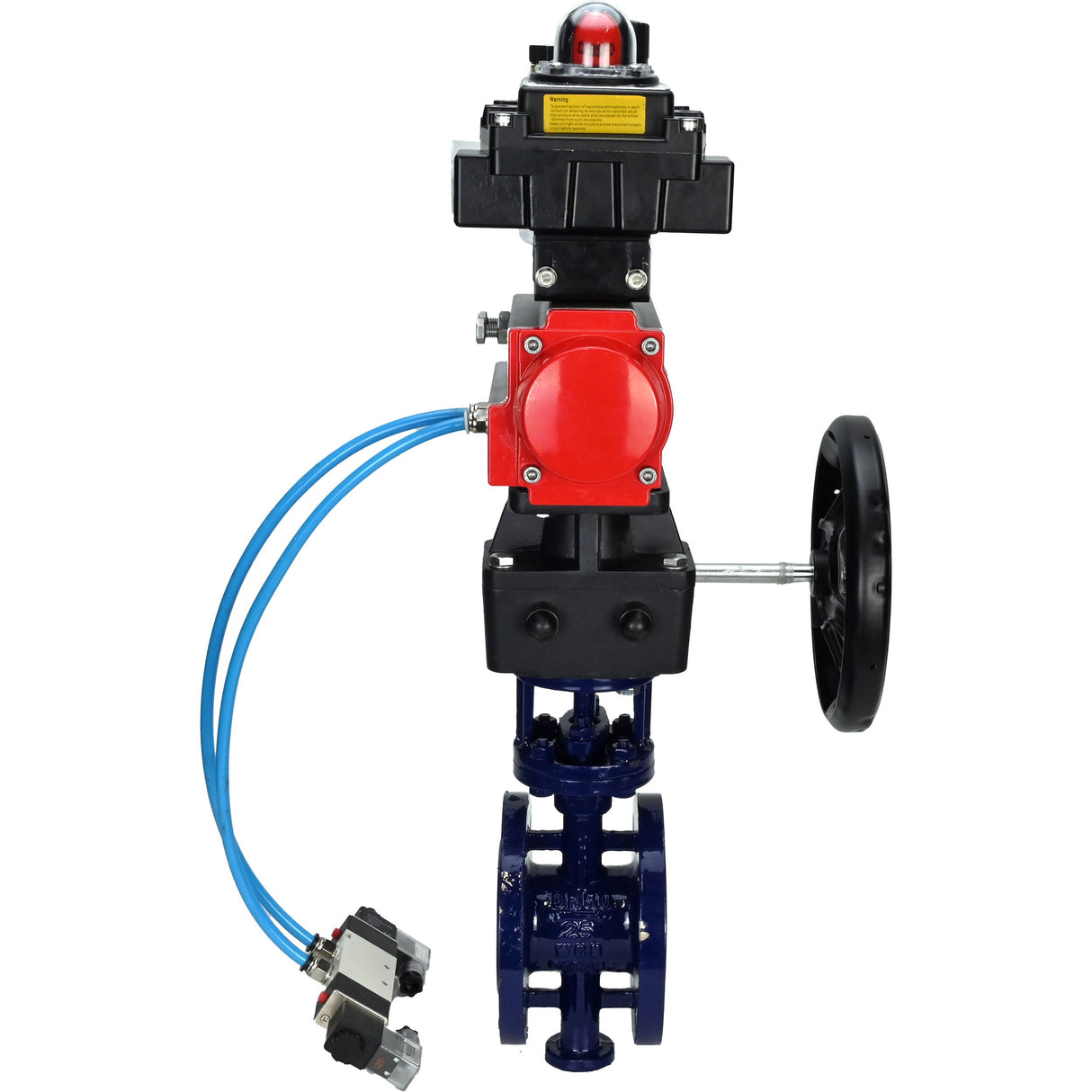 Wasser-Schmetterlingsventil Elephant WBV3EX-3432M-1W-F-ISO, Gehäusematerial - Kohlenstoffstahl, Scheibenmaterial - Edelstahl AISI 316, Dichtung - Metall, pneumatischer Antrieb PA-DA Doppelwirkung, 4V320-08 220V, LSU APL-410N EX, Handrad MON, ATU AFC2000