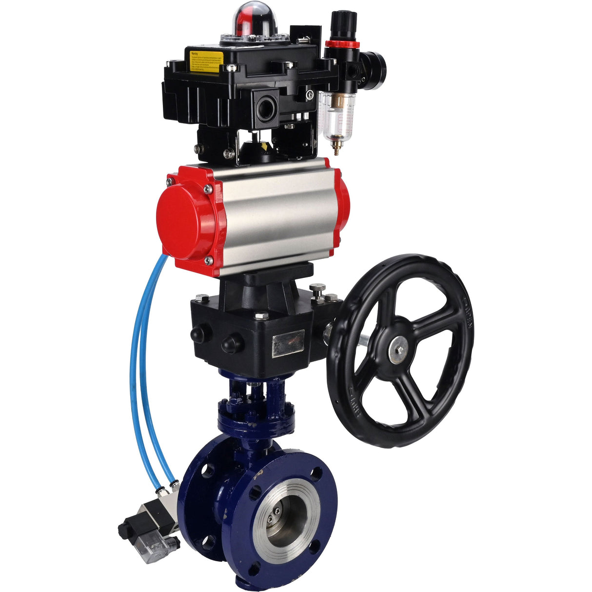 Wasser-Schmetterlingsventil Elephant WBV3EX-3432M-1W-F-ISO, Gehäusematerial - Kohlenstoffstahl, Scheibenmaterial - Edelstahl AISI 316, Dichtung - Metall, pneumatischer Antrieb PA-DA Doppelwirkung, 4V320-08 220V, LSU APL-410N EX, Handrad MON, ATU AFC2000