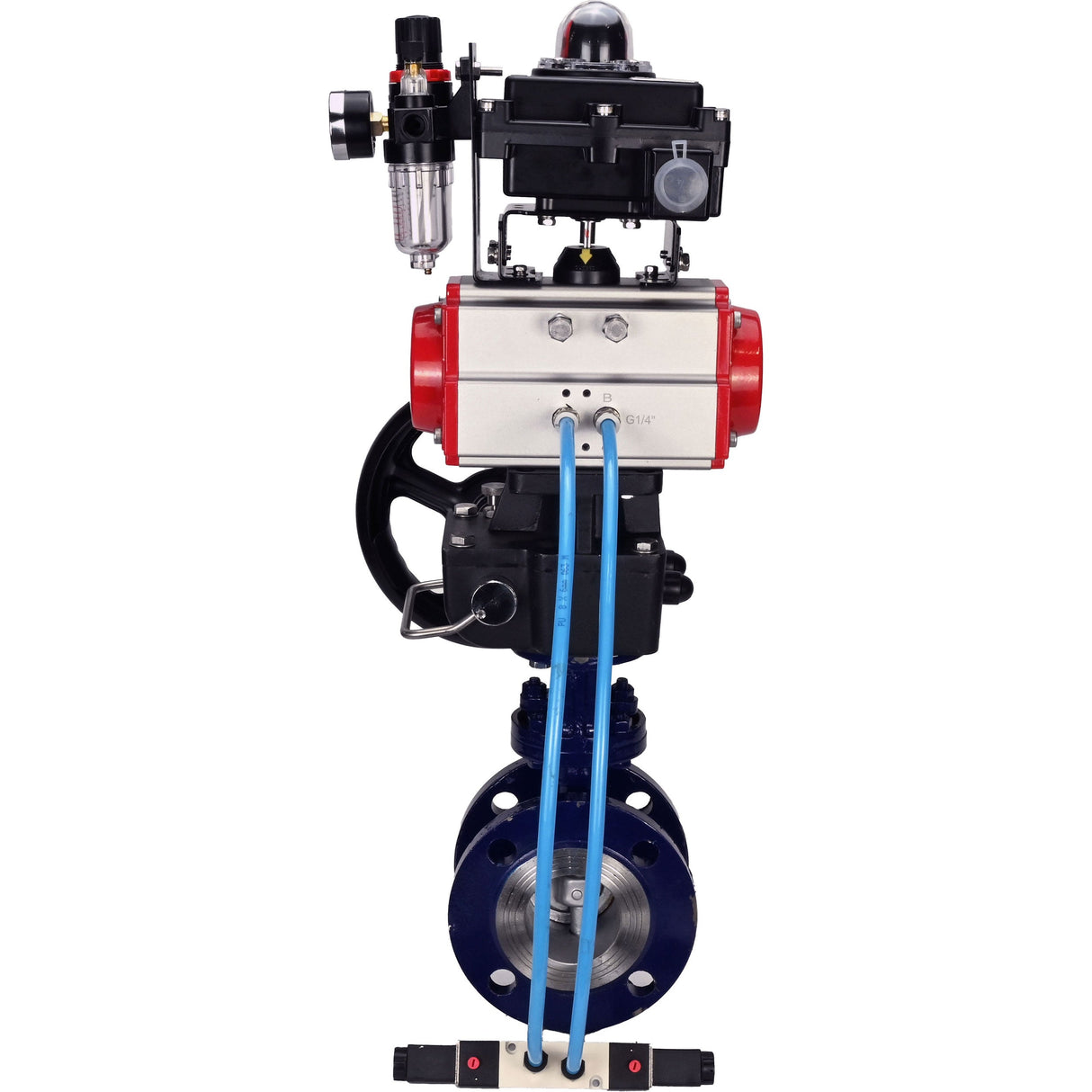 Wasser-Schmetterlingsventil Elephant WBV3EX-3432M-1W-F-ISO, Gehäusematerial - Kohlenstoffstahl, Scheibenmaterial - Edelstahl AISI 316, Dichtung - Metall, pneumatischer Antrieb PA-DA Doppelwirkung, 4V320-10 220V, LSU APL-410N EX, Handrad MON, ATU AFC2000