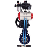 Wasser-Schmetterlingsventil Elephant WBV3EX-3432M-1W-F-ISO, Gehäusematerial - Kohlenstoffstahl, Scheibenmaterial - Edelstahl AISI 316, Dichtung - Metall, pneumatischer Antrieb PA-DA Doppelwirkung, 4V320-08 220V, LSU APL-410N EX, Handrad MON, ATU AFC2000