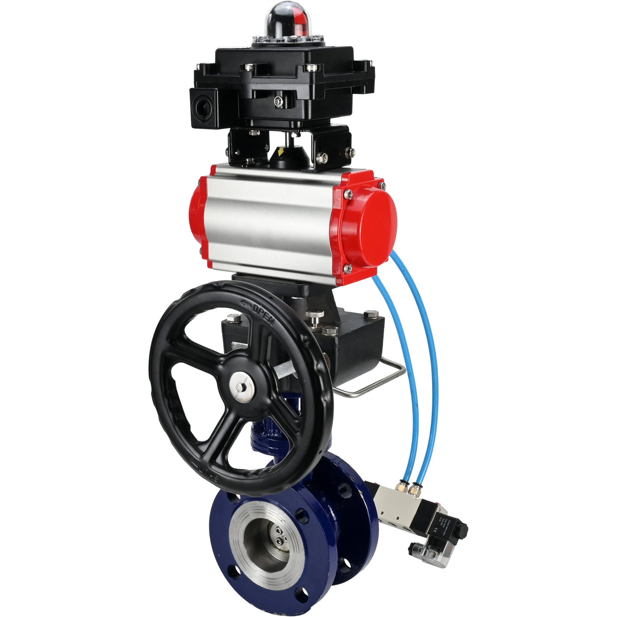 Wasser-Schmetterlingsventil Elephant WBV3EX-3432M-1W-F-ISO, Gehäusematerial - Kohlenstoffstahl, Scheibenmaterial - Edelstahl AISI 316, Dichtung - Metall, pneumatischer Antrieb PA-DA Doppelwirkung, 4V320-08 220V, LSU APL-410N EX, Handrad MON