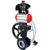Wasser-Schmetterlingsventil Elephant WBV3EX-3432M-1W-F-ISO, Gehäusematerial - Kohlenstoffstahl, Scheibenmaterial - Edelstahl AISI 316, Dichtung - Metall, pneumatischer Antrieb PA-DA Doppelwirkung, 4V320-10 220V, LSU APL-410N EX, Handrad MON