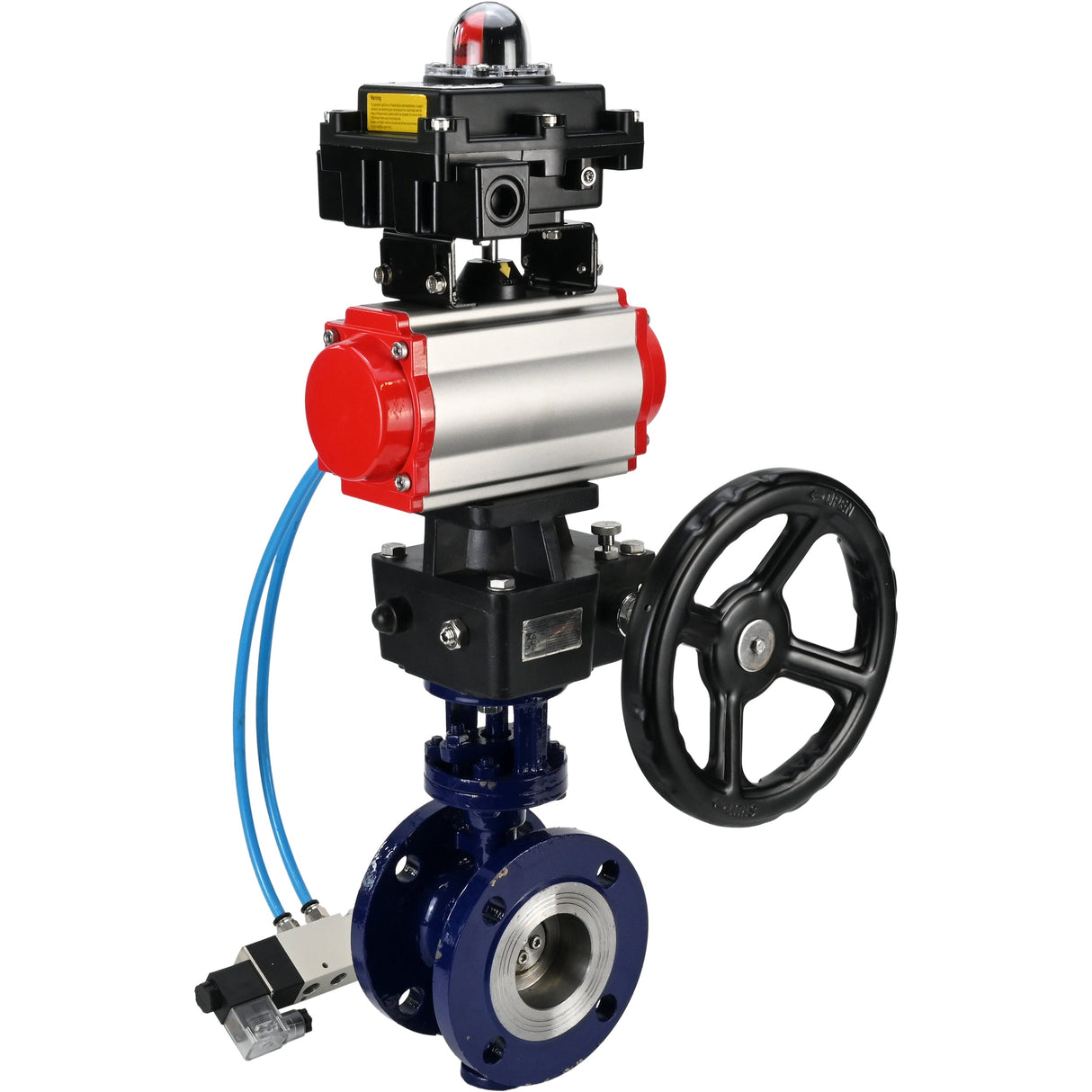 Wasser-Schmetterlingsventil Elephant WBV3EX-3432M-1W-F-ISO, Gehäusematerial - Kohlenstoffstahl, Scheibenmaterial - Edelstahl AISI 316, Dichtung - Metall, pneumatischer Antrieb PA-DA Doppelwirkung, 4V320-10 220V, LSU APL-410N EX, Handrad MON