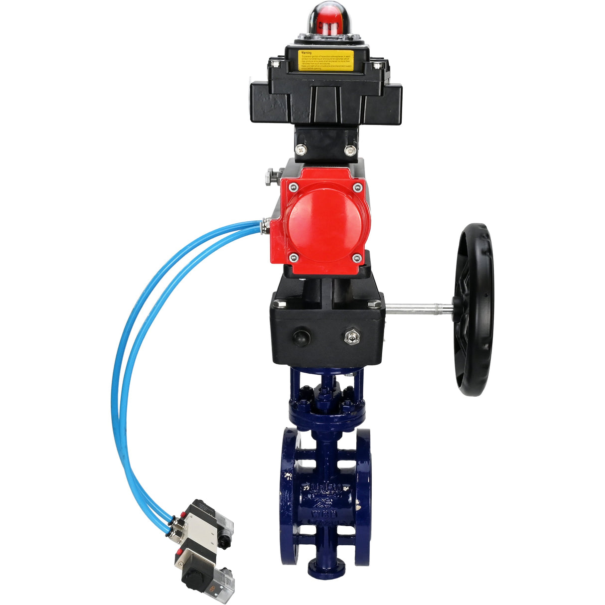 Wasser-Schmetterlingsventil Elephant WBV3EX-3432M-1W-F-ISO, Gehäusematerial - Kohlenstoffstahl, Scheibenmaterial - Edelstahl AISI 316, Dichtung - Metall, pneumatischer Antrieb PA-DA Doppelwirkung, 4V320-10 220V, LSU APL-410N EX, Handrad MON