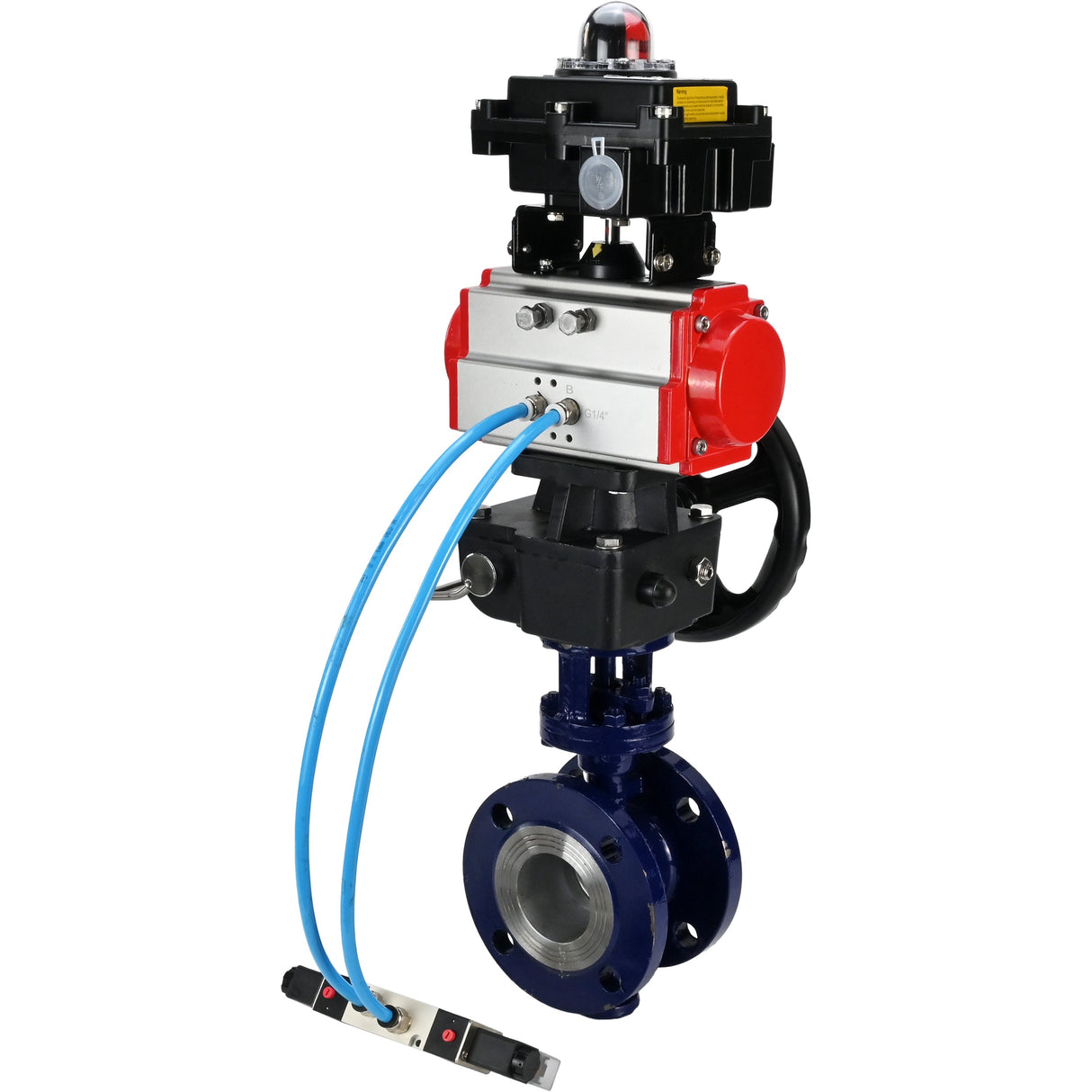 Wasser-Schmetterlingsventil Elephant WBV3EX-3432M-1W-F-ISO, Gehäusematerial - Kohlenstoffstahl, Scheibenmaterial - Edelstahl AISI 316, Dichtung - Metall, pneumatischer Antrieb PA-DA Doppelwirkung, 4V320-08 220V, LSU APL-410N EX, Handrad MON