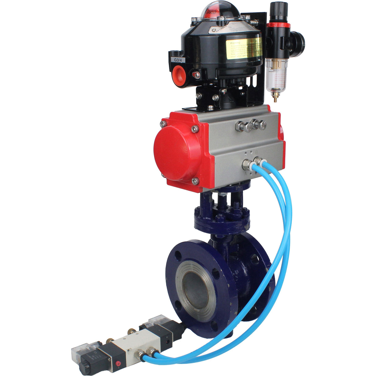 Wasser-Schmetterlingsventil Elephant WBV3EX-3432M-1W-F-ISO, Gehäusematerial - Kohlenstoffstahl, Scheibenmaterial - Edelstahl AISI 316, Dichtung - Metall, pneumatischer Antrieb PA-DA Doppelwirkung, 4V320-10 220V, LSU APL-510N EX, ATU AFC2000